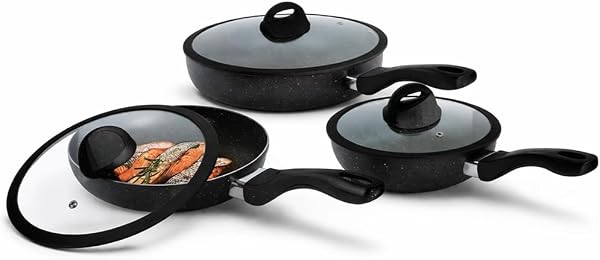 BAKAJI Set 6 Pezzi Padelle in Alluminio con Coperchio in Vetro, Adatto ad Ogni Tipo di Piano Cottura, Pentola Antigraffio, Padella con Manico Ergonomico per Cucinare in Maniera Sana (Nero) - 4