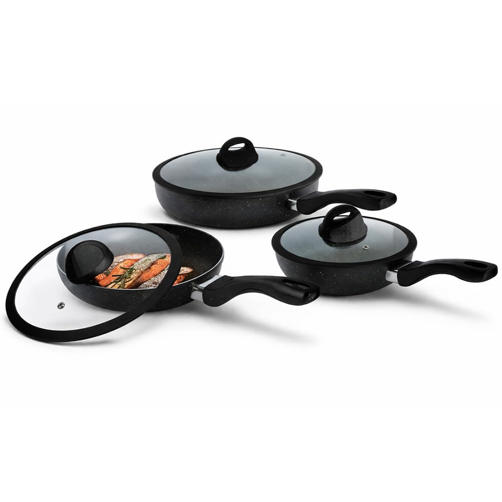 BAKAJI Set 6 Pezzi Padelle in Alluminio con Coperchio in Vetro, Adatto ad Ogni Tipo di Piano Cottura, Pentola Antigraffio, Padella con Manico Ergonomico per Cucinare in Maniera Sana (Nero) - 4