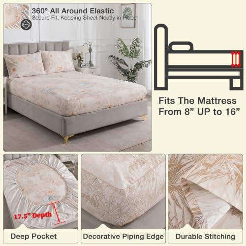 Image of Deep Pocket Percale Sheets Queen Size Beige Vintage Floral, 4Pcs | 100% Cotton Soft Crisp Farmhouse Sheet Set, Shabby Chic Flower Patterned Bed Sheets, Aesthetic Toile Bedding, Botanical Print
