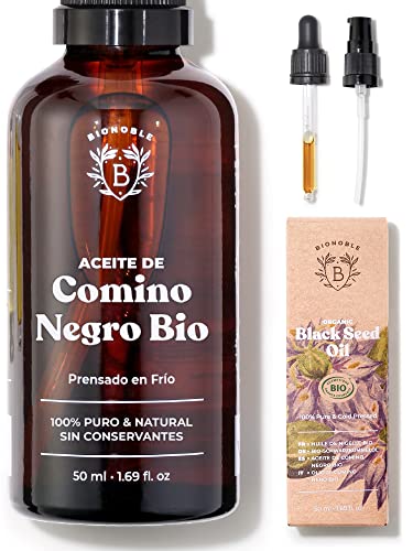 Bionoble Aceite de Comino Negro Orgánico 50ml - Botella de Vidrio + Pipeta + Bomba - 100% Puro y Prensado en Frío - Organic Black Seed Oil - Aceite Vegetal Nigella Sativa