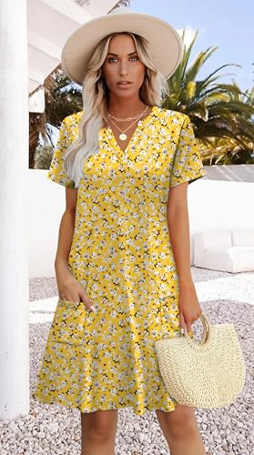 Image of WIHOLL Summer Dresses for Women Casual V Neck Wedding Guest Dress Hawaiian Midi Dress Fashion Beach Vacation Clothes