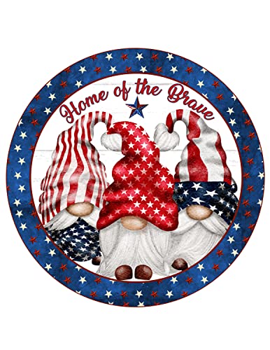 Retro Metal Tin Sign 12 X 12 Inches Patriotic Gnome Sign Gnomes Home of The Brave Americana Farmhouse Décor Gift Country Sign Wall Hanging Wreath Attachment Round Wreath Sign Funny Wall Decor