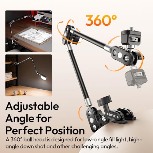 ULANZI C078 Magic Arm mit Klemme, Overhead Stativ mit 360°-Kugelkopf, Klemmstativ mit Handyhalterung, 1/4\- und ARRI-Positionierstifte, kompatibel mit iPhone, Licht, Webcam, Max. Belastung 1kg