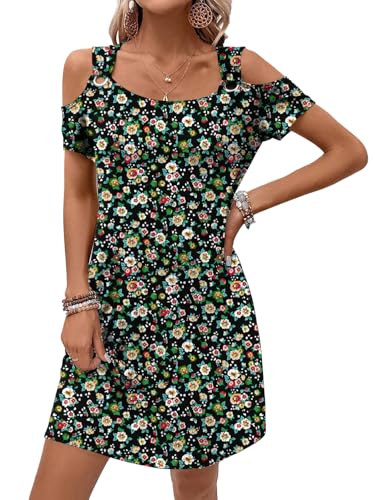 Image of GUNEST Womens Summer Dress Cold Shoulder Scoop Neck Short Sleeve Spaghetti Strap with O Ring Fashion Sundress with Pockets
