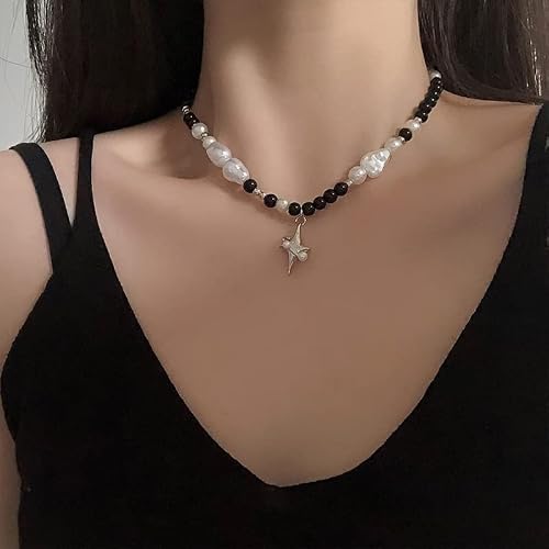 Pooyikoi Punk Star Pendant Baroque Pearl Necklace For Women Asymmetric Black White Beads Necklace Choker Jewelry Gift (Style 1) #TOP2