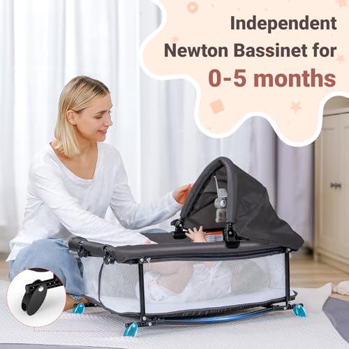 ELEMARA 5 in 1 Pack and Play, Adjustable Baby Bedside Bassinet Sleeper,1-Second Setup Foldable Playard from Newborn to Toddles,Bedside Crib with Changing Table,Portable Travel Bassinet,Ziper Door,Gray