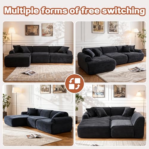 Image of KEIKI 2Seat Modular Boneless Sectional Corduroy Sofa Couch with Chaise for Urban Loft Home Office Family Friendly Urban Professionals Cozy Warm Perfect for Entertaining Refined Design Black