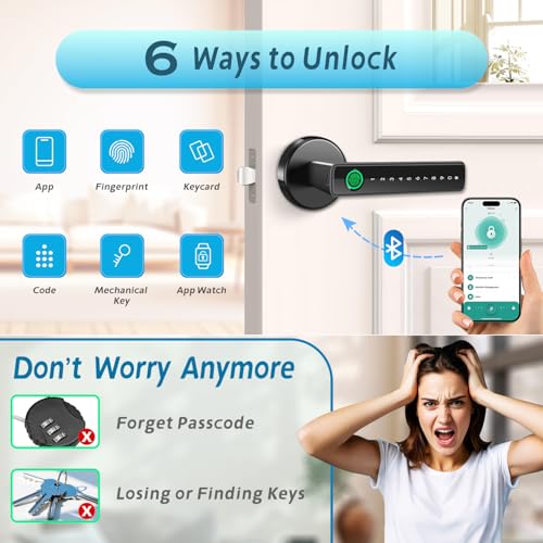 Fingerprint Door Lock, 6-in-1 Smart Door Knob, Biometric Knob Handle with Keypad Code, App Control, Keyless Thumbprint Entry Smart Locks for Home Bedroom Hotel Office Apartment - Image 3