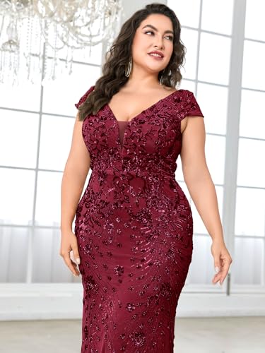 Image of Plus Size Womens Sequined Long Evening Gown Glamous Sleeveless V-Neck Mermaid Prom Dress for Wedding Party