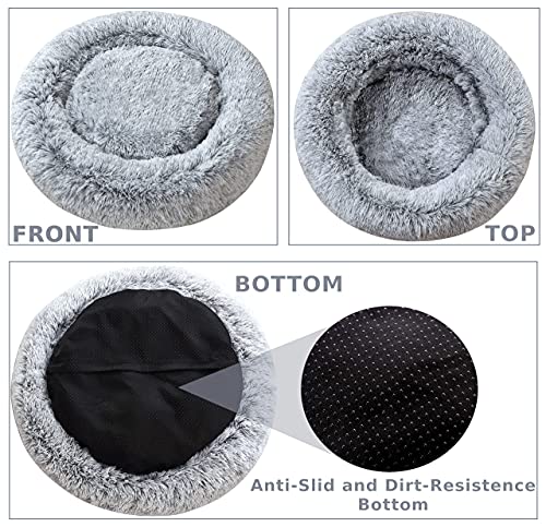 Comlax Beruhigende Donut Hundebetten XL, Rundes Kissen mit abnehmbarem waschbarem Bezug, Anti-Angst-Kunstfell-Kuscheltier, Flauschiges, bequemes, pelziges Haustierbett (80cm, Grau)