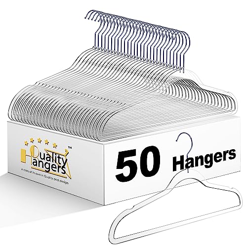 quality hangers plastic hangers for clothes | 50 pack - 17.5 inch | heavy duty space saving crystal clear acrylic | 360 degree swivel hook and notches (clear)