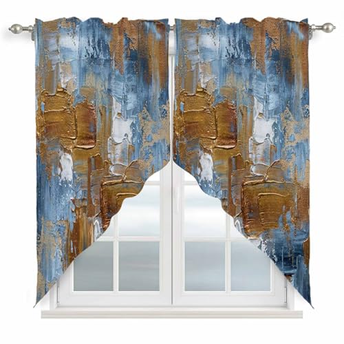 Blue Brown Abstract Swag Valances for Windows, Gradient Vintage Oil