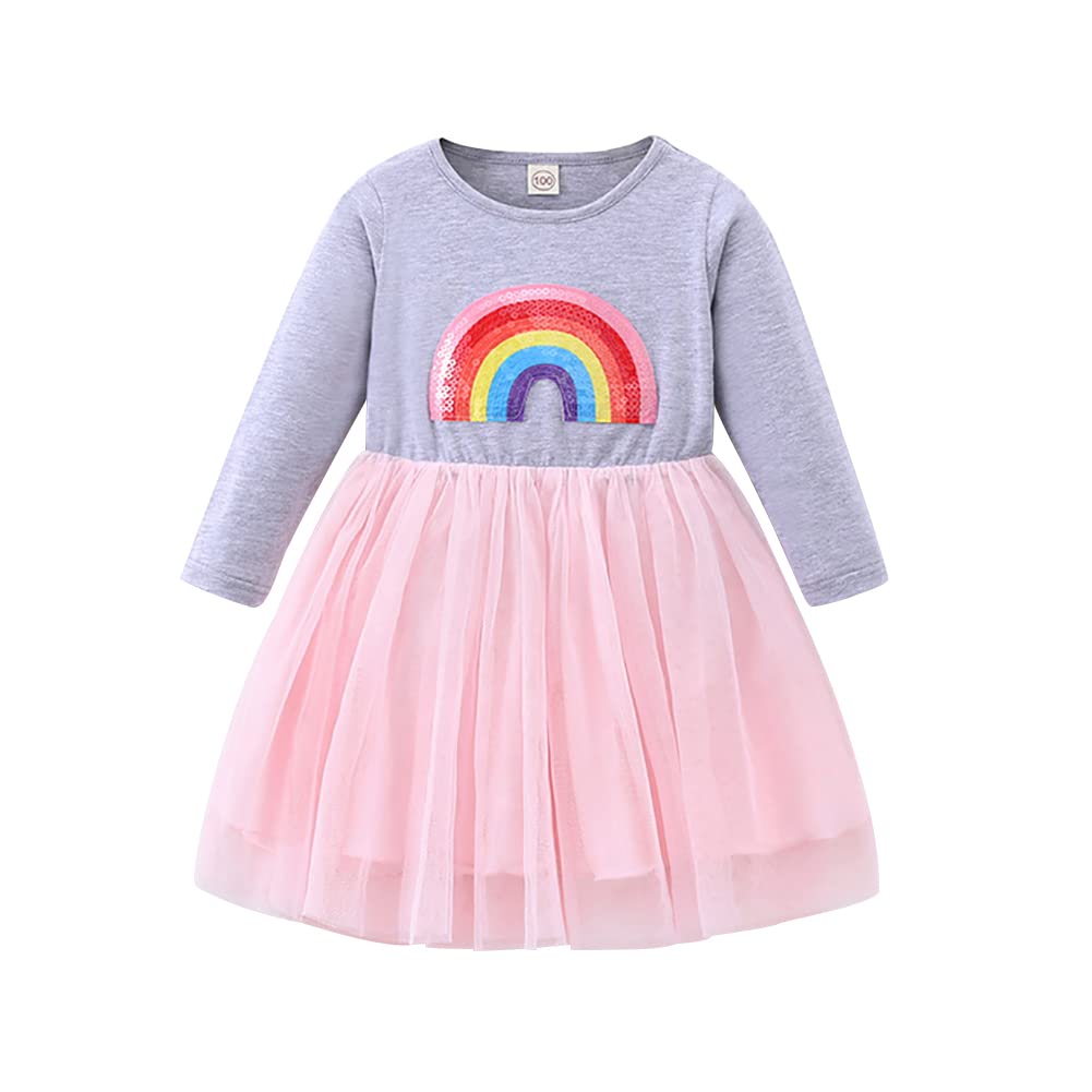 Little Girls Rainbow Dress Long Sleeve Kids Girl Tulle Dresses Fall Winter Outfit 3-8 Years