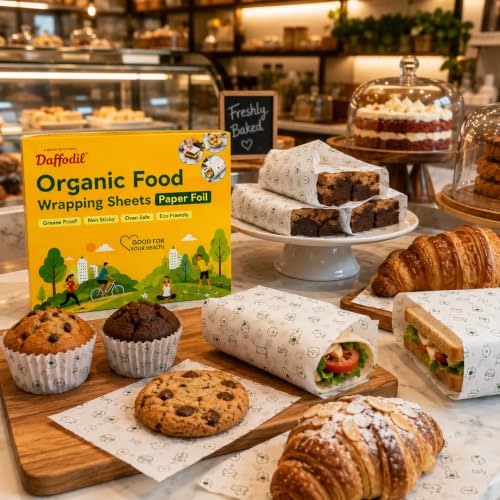 Image of DAFFODIL Organic Food Wrapping Paper Sheets Set of 100 | 25 x 30 CM Pre-Cut Food Safe Butter Paper | Grease Resistant, Non-Stick Food Wrap for Roti, Sandwich, Burger, Paratha, Snacks & Lunch Packing