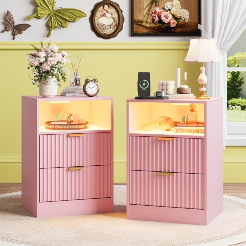 Image of Night Stand Set 2, LED Nightstand with Charging Station, Fluted Nightstands Set of 2 with 2 Drawers, Wood Side Table End & Bedside Tables for Bedroom Sofa Office, Pink