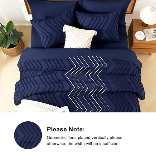 Image of Litanika Super King Size Comforter Set with Sheets Navy Blue - 7 Pieces Bed in a Bag Oversized King Boho Tufted Complete Bedding Sets with Comforter, Sheets, Pillowcases & Shams
