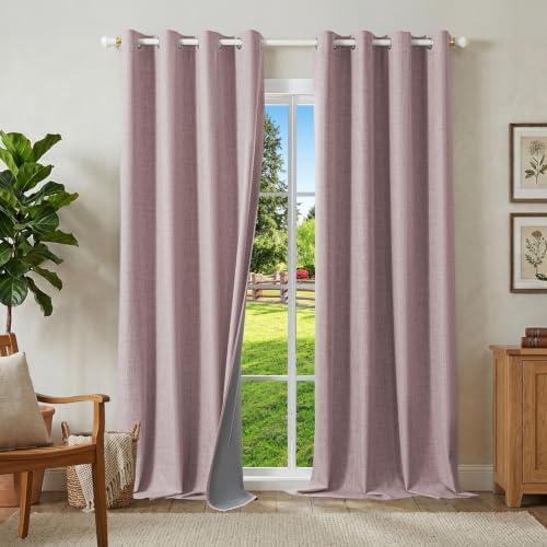 Runyéla 100% Verdunklungsvorhänge Leinen Gardinen mit Ösen, Thermovorhang | 2er Set, H245xB140 Rosa, Leinenoptik Vorhang Blickdicht, UV-Schutz Wärmeisolierend Schallschutz Schlafzi