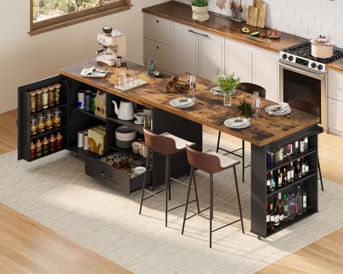 Image of Rolling Kitchen Island with 360 Swivel Tabletop, Large Kitchen Island Table with Power Outlet, Mobile Kitchen Island Cart with Storage Cabinets for Kitchen & Office, Black and Rustic Brown