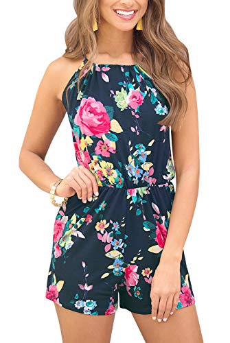 Women's Sleeveless Spaghetti Strap Beach Romper Short Pants Cotton Boho Floral Jumpsuit Navy S #TOP1