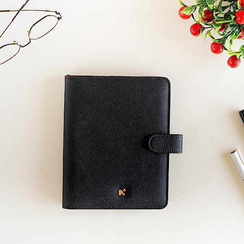 Image of NEORAH - B6 Notebook SLEEVE with SNAP Button - [ SLEEVE ONLY ]|Vegan Leather|Office Diary Holder with Penloop| 2 Front & 1 Back Pocket | 6 Card Slots |2 BookMarks - Fits any B6 Softcover - BLACK