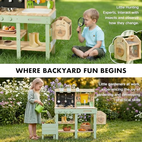 Image of Frogprin Mud Kitchen for Kids, Outdoor Play Kitchen with Insect Observation Box & Planter Box, Kitchen Accessories, Gardening Tool Toy, Removable Sink Faucet, Wooden Pretend Kitchen for Boys Girls 3+