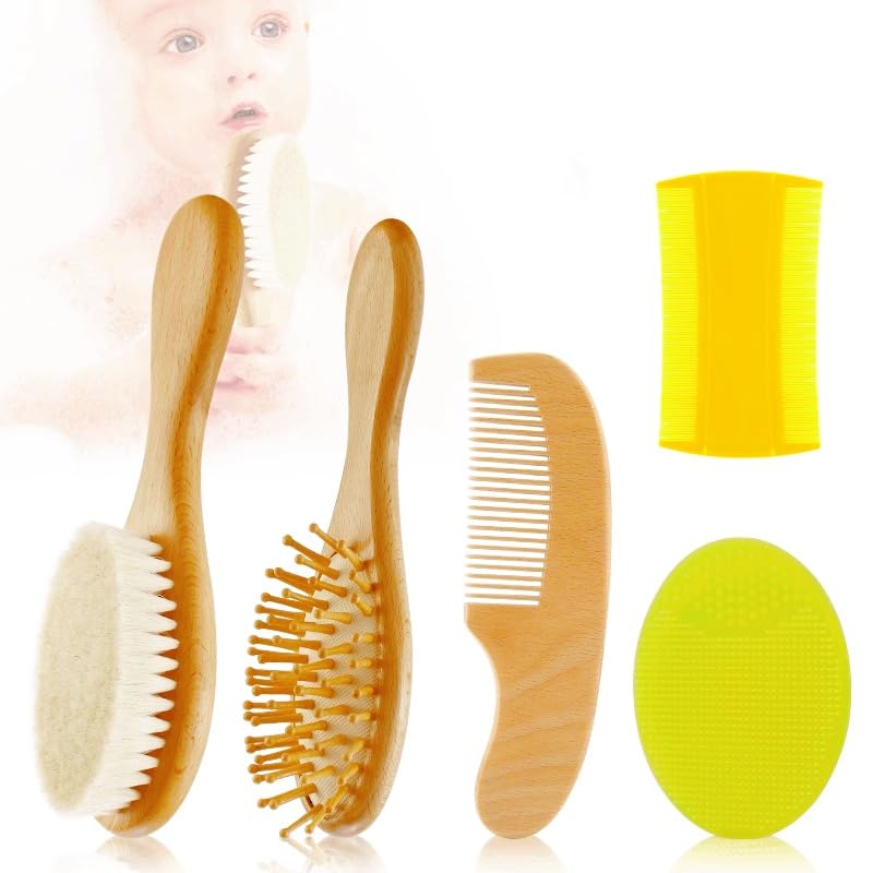 Image of 5 PCS Baby Hair Brush Set for Newborns & Toddlers, Wooden Baby Brush and Comb Set with Soft Bristle Hair Brush, Soft Silicone Bath Brush for Girls & Boys