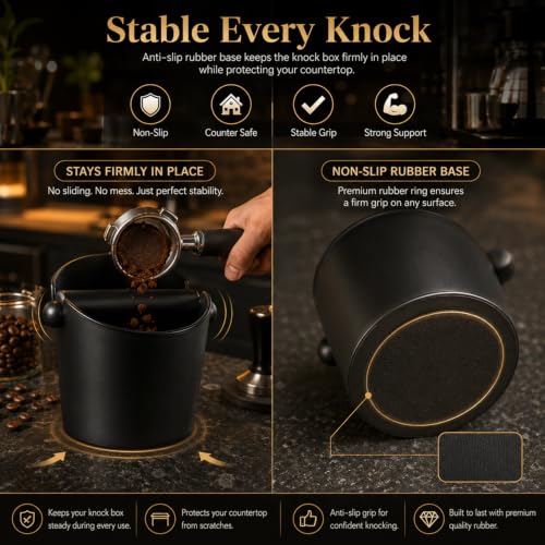 Image of ZURATO Coffee Knock Box for Espresso Machine | Espresso Grounds Container with Removable Rubber Bar | Non Slip Coffee Dump Bin for Home Cafe Barista Accessories | Black