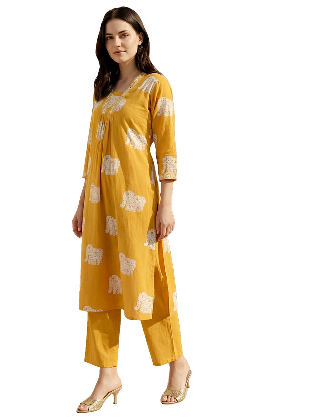 indo era Women's Pure Cotton Animal Printed A-Line Calf Length Kurta & Palazzo Set (IEAI12511)-picture-30