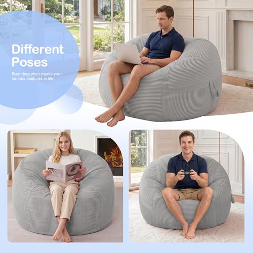 Image of 3FT Bean Bag Chair 3'Big Bean Bag Chairs with Adults, Large Beanbag Chair | Bean bags with Machine Washable Cover Corduroy Fabric, Comfy Chairs for Living Room, Bedroom, Dorm, Lightgrey