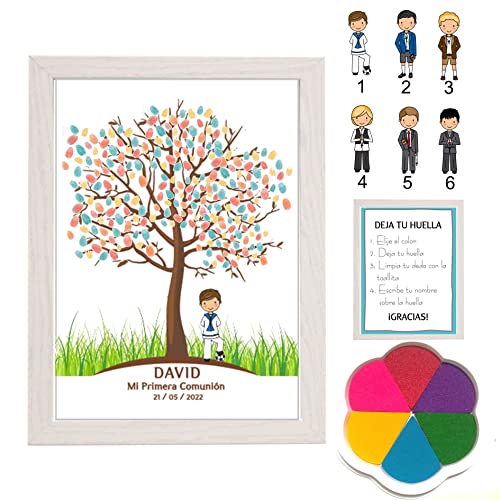 Didart Handmade Cuadro de árbol de huellas Comunión niño. Modelo SIXTY. Marco, Tintas e Instrucciones incluidas, Libro de visitas comunion