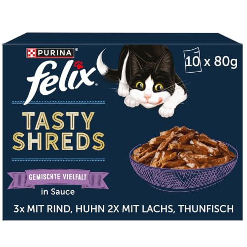 FELIX Tasty Shreds Nassfutter für Katzen Gemischte Vielfalt 10 Portionsbeutel