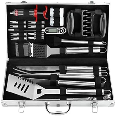 POLIGO 26PC Exclusive BBQ Grill Accessories in Aluminum Case for Birthday Christmas Grilling Gifts - Premium Grill Utensils Set with Barbecue Claws, Meat Injector, Thermometer for Smoker, Camping