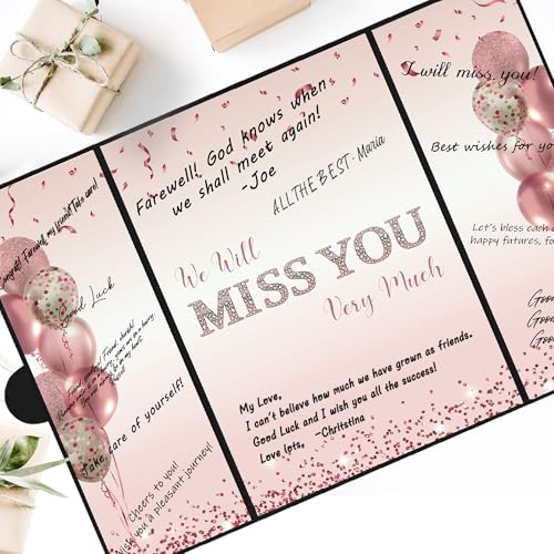 Image of DARUNAXY Rose Gold Farewell Party Decorations for Women, We Will Miss You Very Much Alternative Signature Guest Book Girls Going Away Gifts Signing Card Board for Retirement Graduation Party Supplies