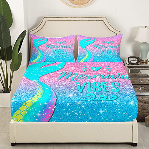 Mermaid Bed Sheet Set King,Glitter Galaxy Sheet Set Rainbow Mermaid Scales Bed Sheets For Kids Girls Women,Pink Blue Pastel Sequins Bedding Kawaii Ocean Coastal Animal Fitted Sheet & Flat Sheet 3 Pcs #TOP1