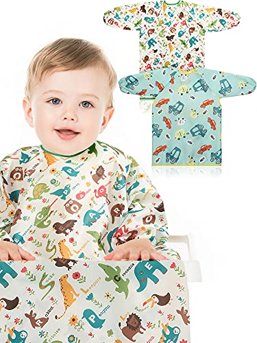 Seematn 2 Pieces Weaning Bib Baby Feeding Coverall Waterproof Bib Long Sleeved Baby Bib Toddler Bib with Sleeves Cover Pack Waterproof Bib for Kid Highchair, Fit for 6 to 24 months Baby