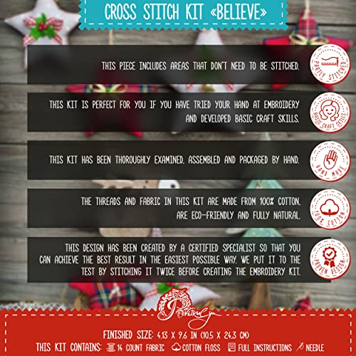 Counted Cross Stitch Kit 'Believe' - Embroidery Set For The Holidays, Encouragement, Or Inspiring Everyday Possibilities With A Christmas Tree, Snowflake, Deer And Santa Hat #TOP7