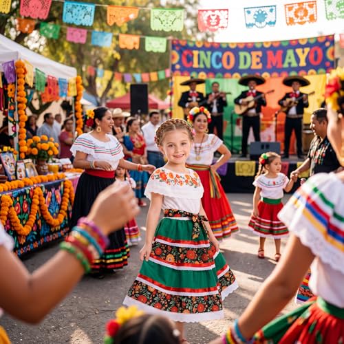 Vestido tradicional mexicano para niñas verde miniatura 5