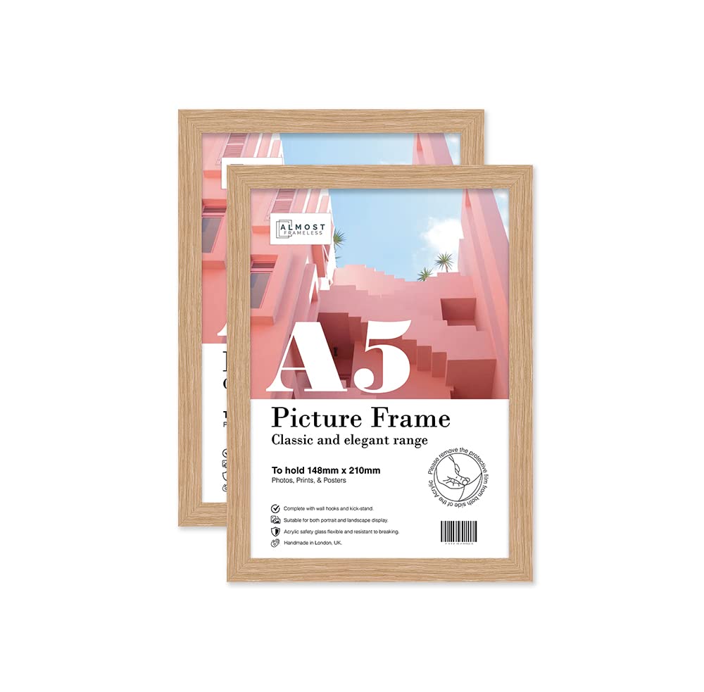 Almost Frameless A5 Oak Picture Frame Set of 2, Display A5 Picture Gallery Wall, Poster, Photo, Artwork, or Print, Oak