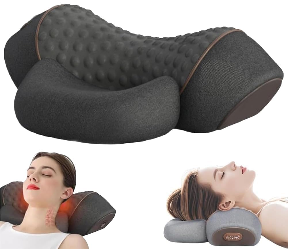Fisiorest 3-in-1 Neck Massager Pillow, Neck Massager- Ergonomic Hump Neck Pillows with Traction, Heat & Vibration, Memory Foam Traction Cervical Pillows for Sleeping Deep Relaxation (Black)