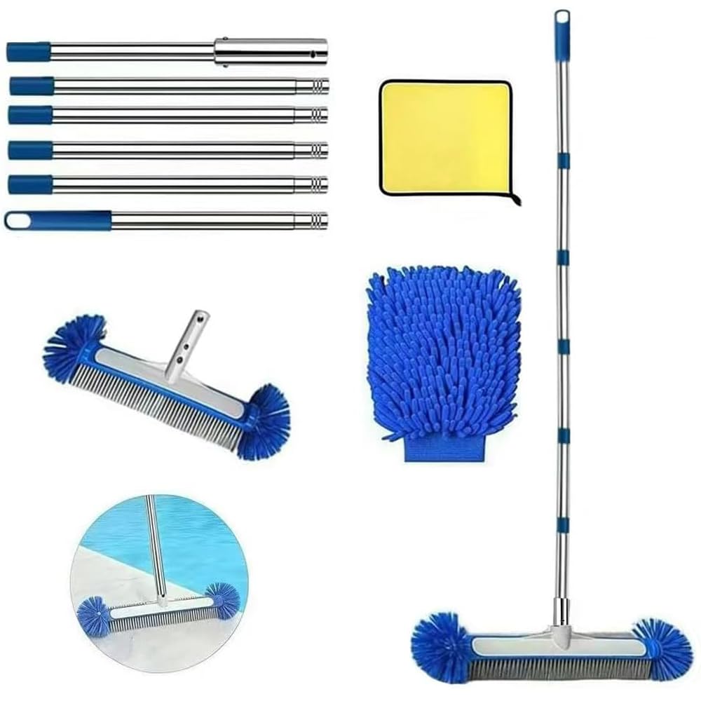 Poolbürste mit Teleskopstange 230cm, Pool Reinigung Bürste 45cm, Poolbesen mit Längenverstellbarer Edelstahlstange, Pool Bürsten Set, Pool Cleaning Brush, für Pool Reinigung