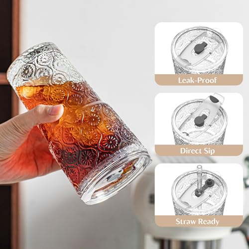 Image of INSETLAN 20oz Begonia Flower Glass Tumbler Set of 4 - Thickened Glass Cups with Lids and Glass Straws for Iced Coffee, Smoothies, Milk, Water, and More - Elegant& Durable Drinkware