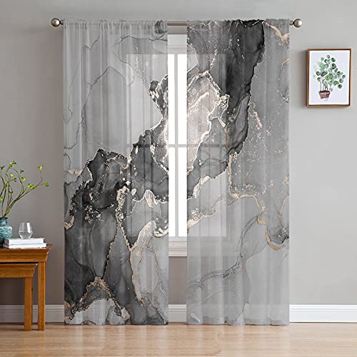 Amzricher Marble Sheer Curtains 84 Inch Length 2 Panels Set, Farmhouse Grey Black Golden Marble Modern Semi Transparent Voile Rod Pocket Curtains For Living Dining Room Bedroom Drapes 52X84X2 #TOP29