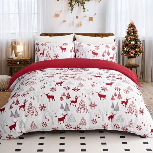 3 Pieces Christmas Duvet Cover Set Queen – Reversible Xmas Red and White Snowflake Christmas Tree Reindeer Pattern Bedding Set for Holiday Decoration, Microfiber Comforter Cover Set w/2 Pillowcases