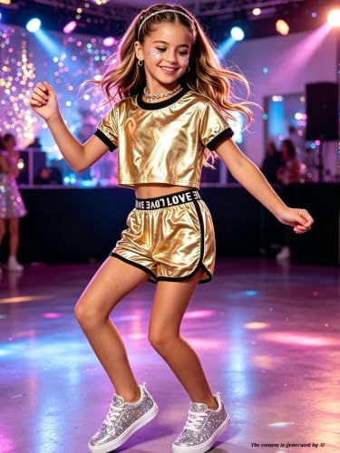 Image of Betusline Girls Summer 2 Piece Outfits,Kids Short Sleeve Crop Top & Shorts Set with Side Pockets