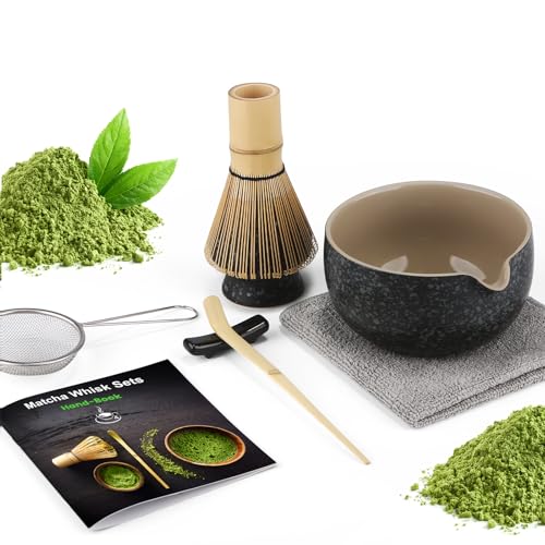 7 Piece Matcha Set Macha Tea Set with Matcha Spoon Whisk Holder Bamboo Matcha Whisk Shovel Strainer Matcha Accessories Traditional Japanese Tea Ceremony Best Gift for Lovers Speckled Black