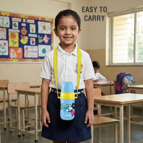 Image of MILTON Disney Kool Cheer 400 Plastic Insulated Thermo Water Bottle with Straw for School Kids I Food Grade, Leak Proof Lid with Hands free sipper, Easy to Carry Loop, Picnic, BPA Free, 390 ml,Sky Blue