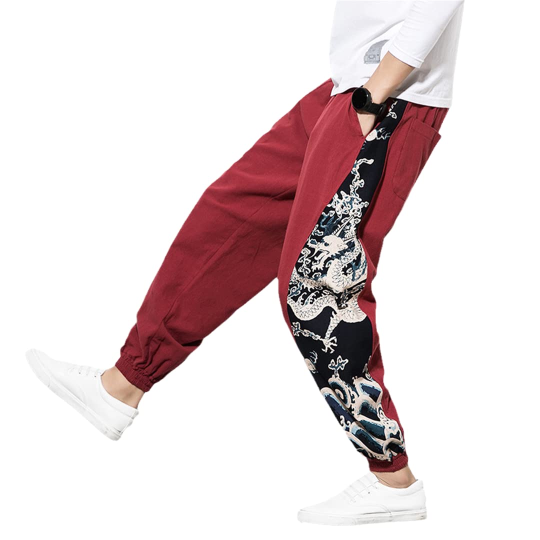 Tradizionale Stile Giapponese Haori Harem Pantaloni per gli Uomini Casual Cotone Lino Pantaloni Uomo Adulto Stampa Drago Cinese Kimono Vino 4XL
