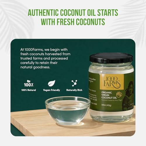 Image of 1000Farms Extra Virgin Coconut Oil 500 ml | 100% Certified Organic, Premium Cold Pressed & Unrefined | Edible Cooking Oil, Hair Oil & Baby Massage | Rich in MCTs | Glass Bottle
