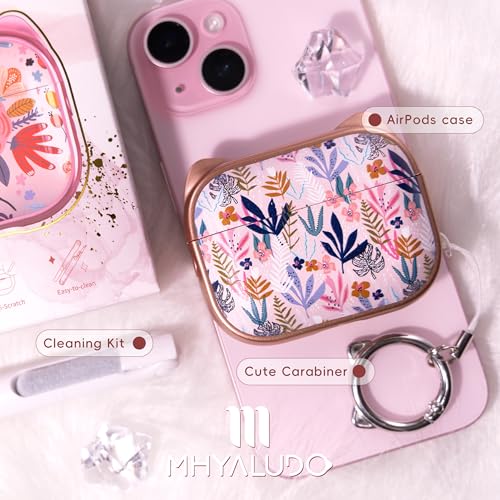 Image of for AirPods Pro 2 Case with Cleaning Kit, Cute Cat Ear Print Design & Cute Buckle for Girls, Phone Holder & Top Safe Lock Buckle Design for AirPods Pro 2nd /1st Gen case, Rose Gold Leaves