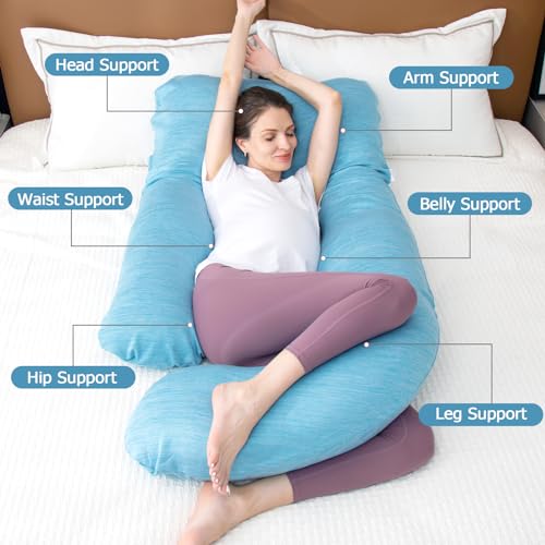 MOON PINE Pregnancy Pillow, U Shaped Full Body Pillow for Maternity Support, Sleeping Pillow with Cover for Pregnant Women (Light Blue)